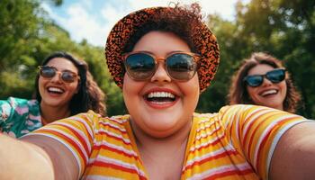 Cheerful Group Selfie of Happy Young Women in Nature Background with Copyspace photo