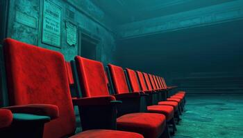 Abandoned Theater Seats Remnants of Culture Empty Space Faded Red Background Dramatic Copyspace photo