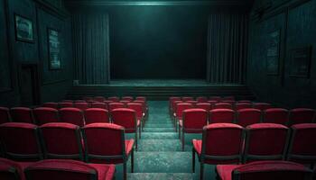 Faded Red Seats in Abandoned Theater Urban Environment Background and Copyspace Available photo