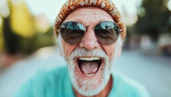 Stylish Elderly Man Smiling Urban Street Portrait Photography Bright Background Happy Concept with Copyspace photo