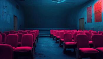 Faded Red Theater Seats Abandoned Venue Interior Image Dark Background Copyspace photo