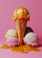 Colorful Ice Cream Cones on Pink Background Copyspace for Text Delicious Treats in Artistic Arrangement photo