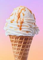 Delightful Ice Cream Cone with Swirled Scoop Soft Background Copyspace for Sweet Treats photo