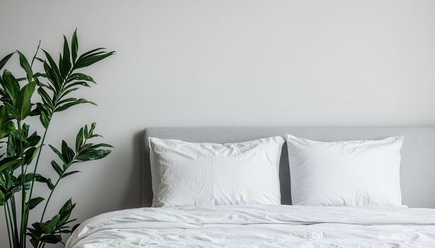 Cozy Bed Setup in Minimalist Bedroom with Background Copyspace for Relaxing Vibes photo