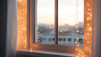 Decorative Fairy Lights Adorning Window Cozy Home Environment Background with Copyspace photo