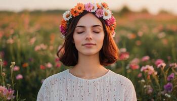 Dreamy Portrait of a Woman with Wildflower Crown in Nature Background Copyspace Available photo