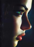 Intense Gaze of a Woman with Deep Green Eyes Studio Portrait Dark Background Copyspace photo