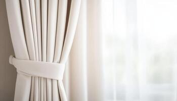 Soft Fabric Curtains Tied Back Elegant Room Close-Up Image Light Background Copyspace Available photo