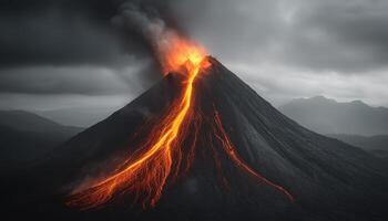 Volcanic Eruption Displaying Explosive Lava Flow Nature Landscape Dark Background Copyspace photo