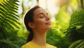 Radiant Woman with Natural Makeup in Sunlit Nature Background Copyspace for Emotions photo