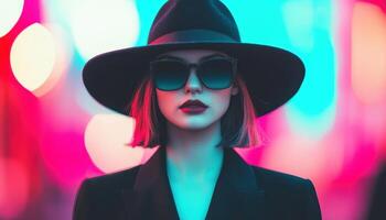 Stylish Modern Woman with Enigmatic Aura Urban Background Fashion Portrait Colorful Copyspace photo