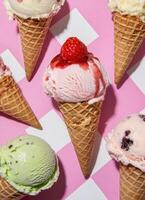 Delicious Ice Cream Cones with Colorful Background and Copyspace Overhead View Sweet Treats photo