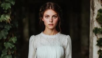 Captivating Woman with Luminous Skin and Hazel Eyes Enchanted Forest Background Portrait Copyspace photo
