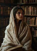 Mysterious Woman Seated in a Library Rich Textured Shawl Background Copyspace Elegant Environment photo
