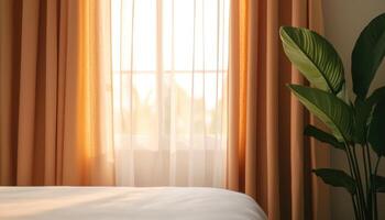 Sheer Curtains Fluttering in Sunlight Bright Room Interior Design Cozy Environment Background Copyspace photo