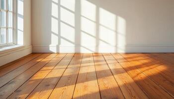 Sunlight Patterns on Polished Wooden Floorboards Indoor Space Photography Minimalistic Background Copyspace photo