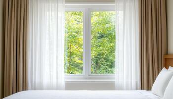 Action of Sheer Curtains Fluttering in an Open Window Bedroom Photography Calm Environment Close-Up Background Copyspace photo