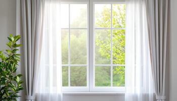 Gentle Breeze Through Sheer Curtains Open Window Home Interior Soft Background Copyspace photo