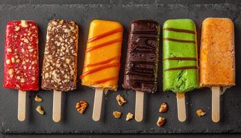 Artisanal Ice Cream Pops on Slate Background Colorful Treats Copyspace Gourmet Dessert Delight photo