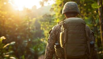 Soldier Trekking Through Lush Forest Background Copyspace for Military Themes photo