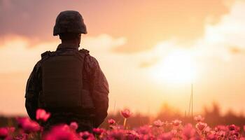 Soldier in Flower Field Sunset Glow Photo with Background and Copyspace Nature Environment