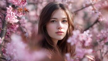 Woman in Cherry Blossom Garden Portrait Photography with Background and Copyspace photo