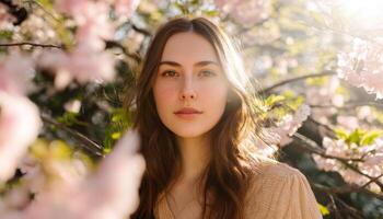 Woman Surrounded by Cherry Blossoms Nature Portrait Photography Soft Background Copyspace photo