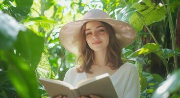 Woman in Wide-Brimmed Hat Reading in Lush Garden Natural Background Copyspace photo