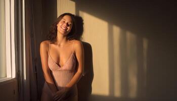 Radiant Woman by Open Window Lifestyle Portrait Warm Background Copyspace for Inspiration photo