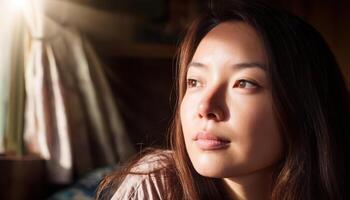 Thoughtful Asian Woman Gazes from Sunlit Window Copyspace Background Indoor Environment photo