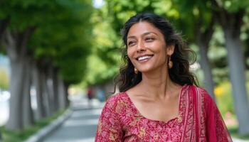 Joyful Indian Woman in Vibrant Attire Park Background Lifestyle Portrait Natural Light Copyspace photo