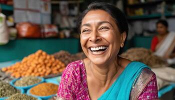 Vibrant Indian Woman Smiling in a Bustling Market Colorful Spices in Background Copyspace Available photo