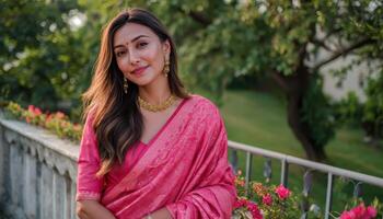 Elegant Woman in Pink Attire at Sunset with Copyspace Background Outdoor Lifestyle Scene photo