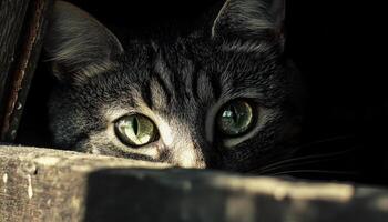 Curious Cat Peeking from Shadows Indoor Setting Image with Background and Copyspace photo