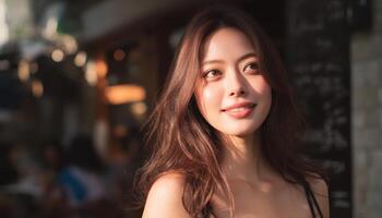 Radiant Asian Woman Smiling in Urban Setting with Background Copyspace for Lifestyle Content photo