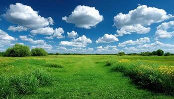 Vibrant Meadow Landscape with Soft Clouds and Blue Sky Nature Background Copyspace photo