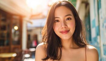 Radiant Asian Woman Smiling Outdoors Portrait Shot Warm Background Copyspace photo