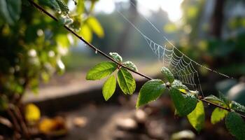 Dewkissed Spider Web in Early Morning Light Nature Background Copyspace photo