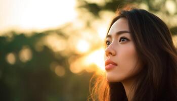 Contemplative Moment of an Asian Woman Nature Background Closeup Portrait with Copyspace photo