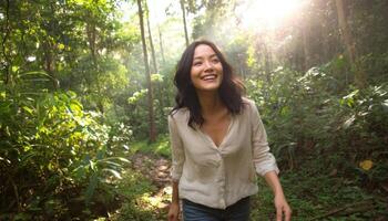 Joyful Woman Laughing in Sunlit Forest Nature Background Copyspace for Adventure Lifestyle and Emotions photo