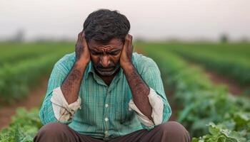 Distressed Farmer in Field Agricultural Landscape Emotional Portrait with Background and Copyspace photo