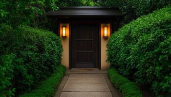 Elegant Restaurant Doorway Surrounded by Lush Greenery Copyspace Background Tranquil Environment photo
