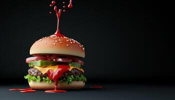 Creative Hamburger with Ketchup Splash on Dark Background Copyspace for Text photo