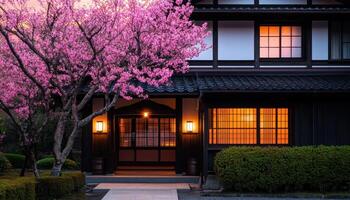 Charming Restaurant Entrance with Colorful Cherry Blossoms Tranquil Setting Copyspace Background photo