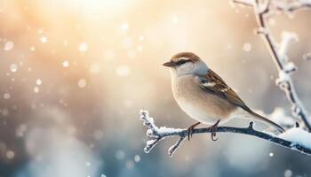 Bird Perched on Snowy Branch Sparkling Background with Copyspace Nature Scene photo
