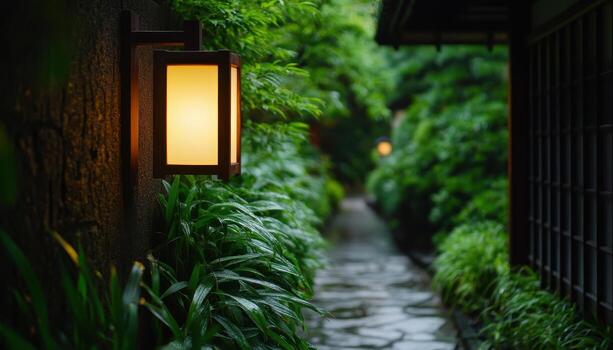 tranquilo jardín ruta con linternas sereno naturaleza ajuste antecedentes copyspace foto
