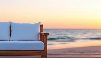 Handcrafted Wooden Sofa on Sunsoaked Deck by the Beach Background Copyspace Relaxing Atmosphere photo