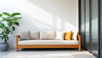 Sunlit Wooden Sofa by Glass Door Modern Interior Design Minimalist Background Copyspace photo