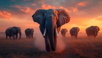 Herd of Majestic Elephants Crossing Savannah at Sunset Nature Scene with Background Copyspace photo