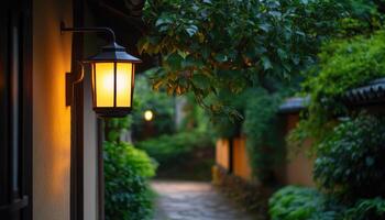Evening Lantern Glow Japanese Garden Path Photography Serene Environment Soft Background Copyspace photo